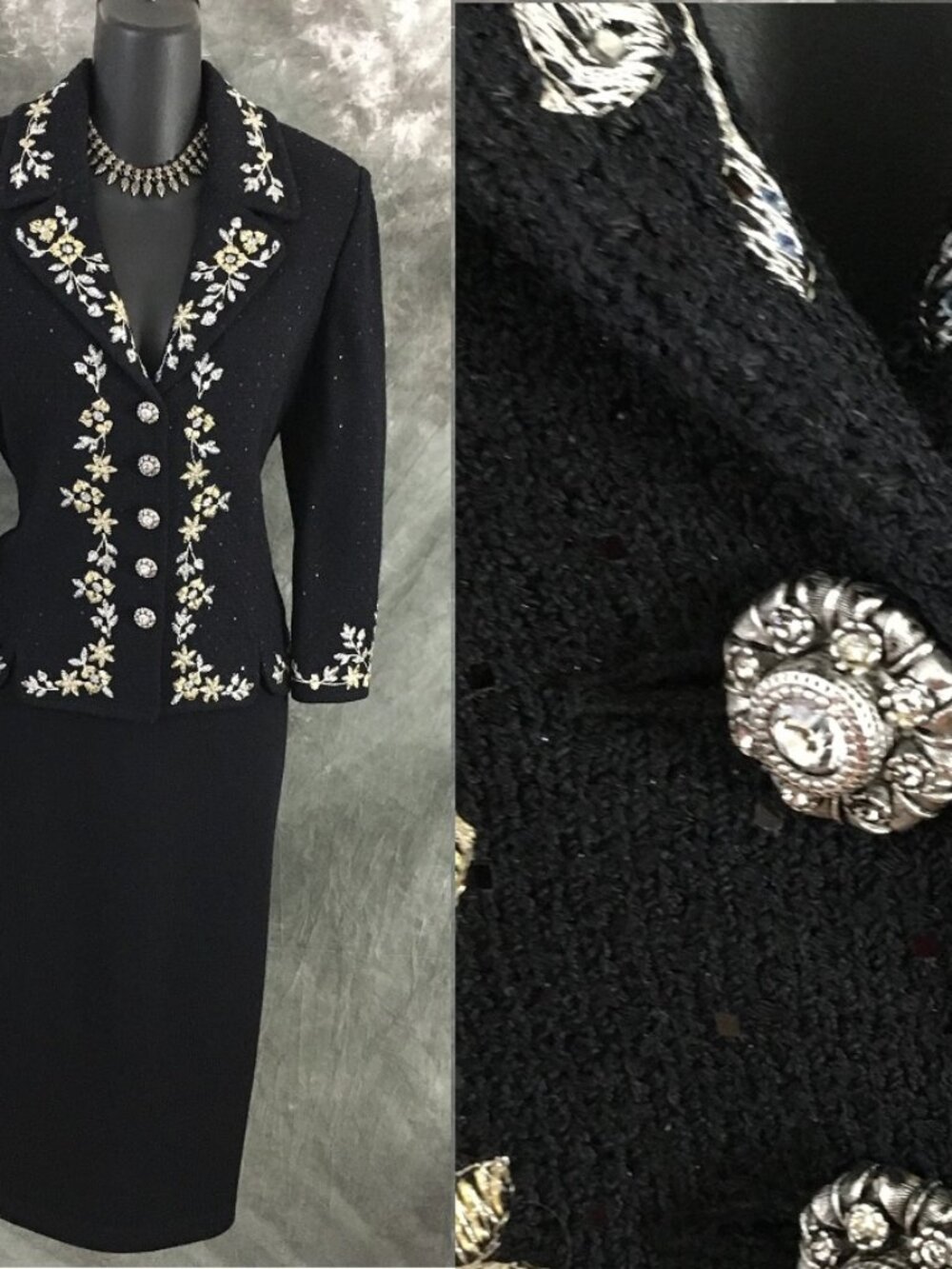 BEAUTIFUL St John evening knit black multi rhinestones embellished skirt suit 6
